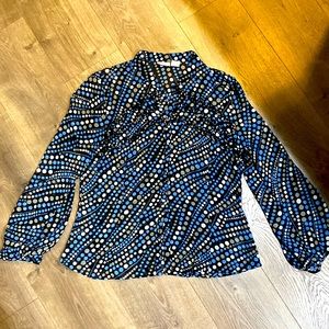 Worthington sheer black blouse with blue/gray/white polka dots.